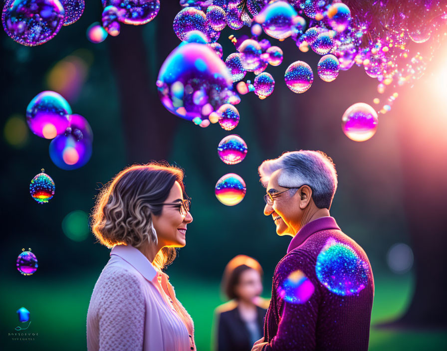 Smiling couple surrounded by vibrant bubbles in sunlit park