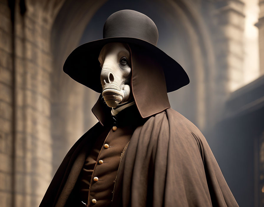 Plague doctor costume with beaked mask and wide-brimmed hat in front of architectural background