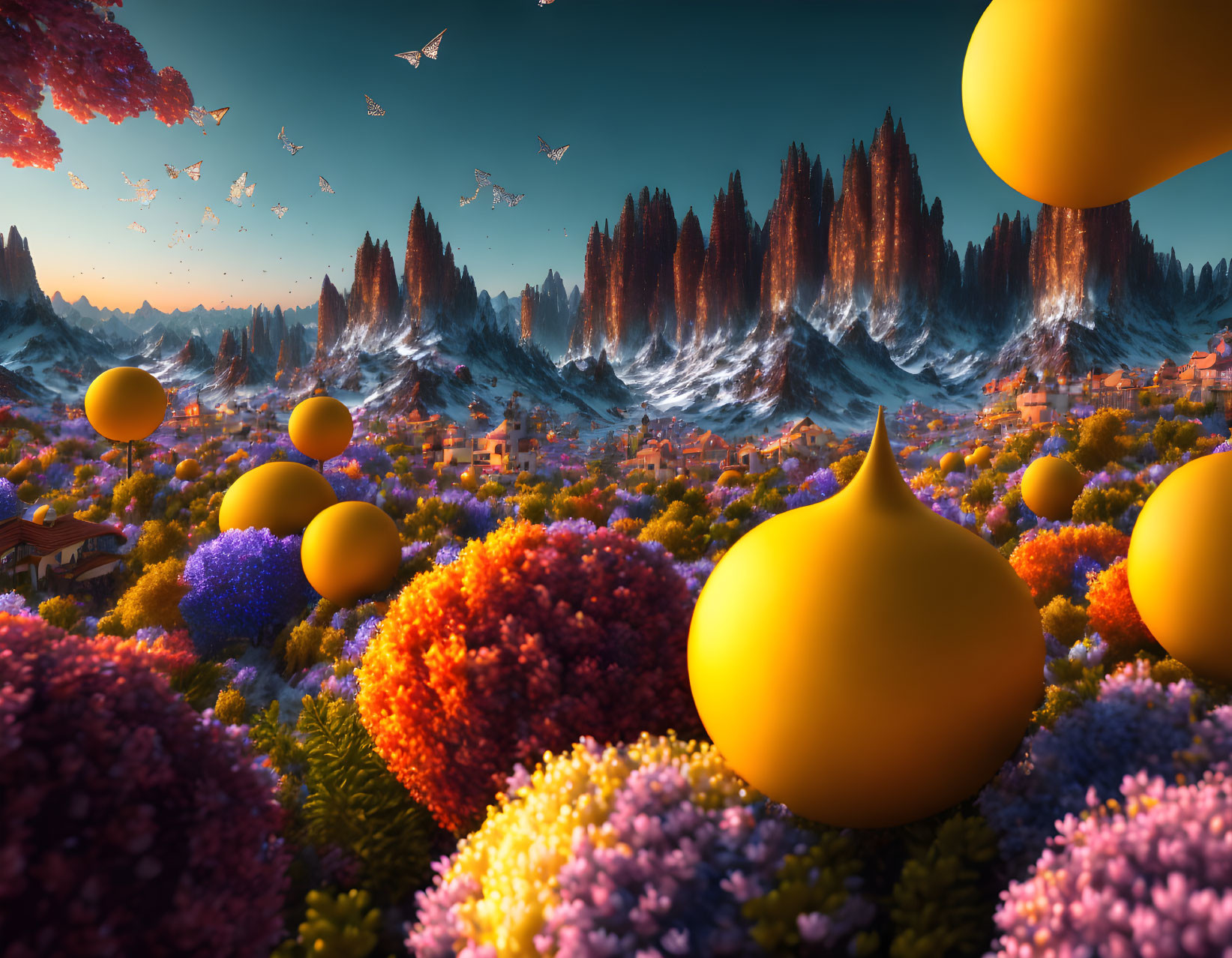 Colorful digital artwork: Floating orbs, vibrant landscape, quaint village, fantastical mountains, dusk sky