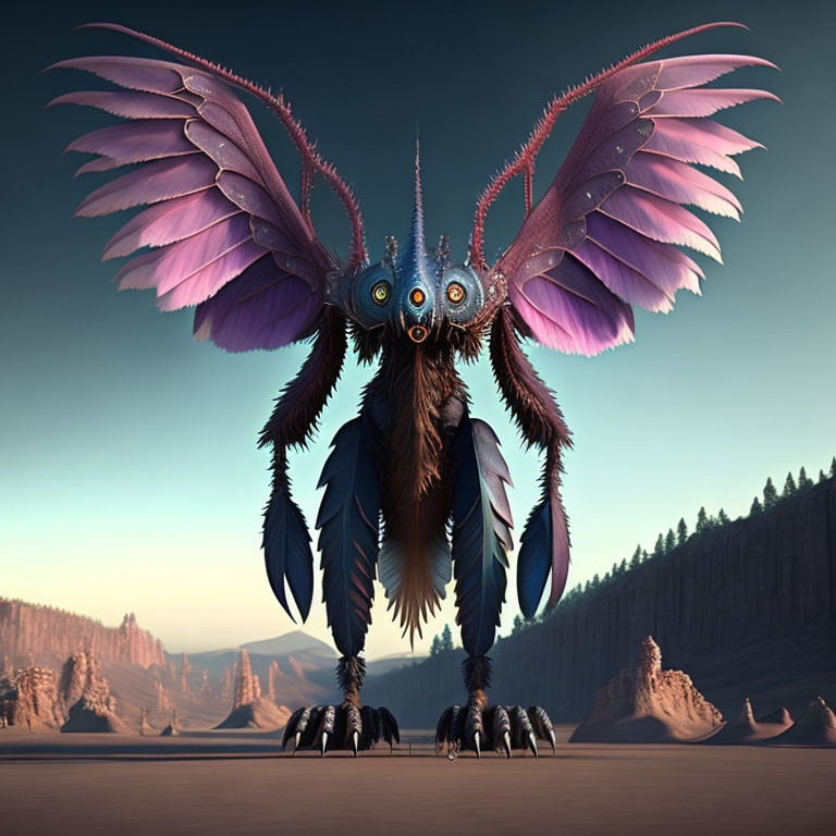 Fantastical creature with multiple eyes and purple wings in desert landscape at dusk