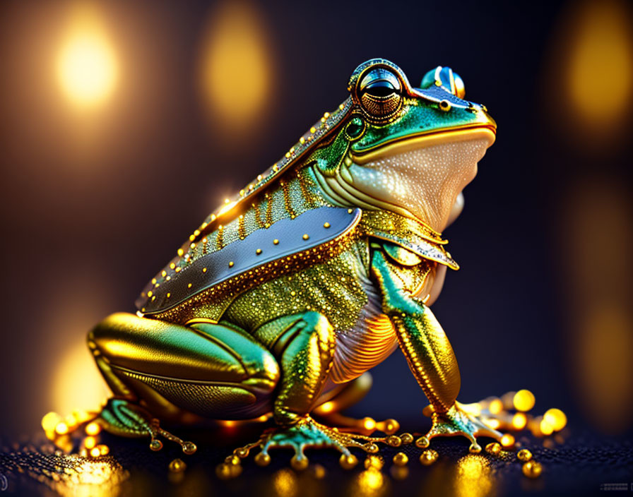 Shiny metallic-golden frog with beads on bokeh background