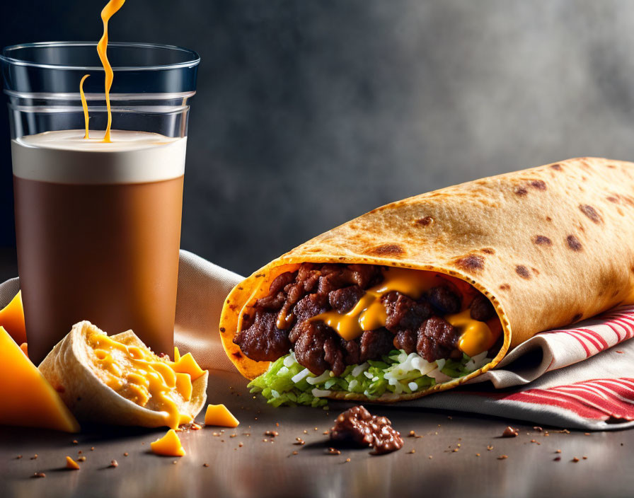 Savory beef and cheese burrito with melted cheese and iced coffee on dark background