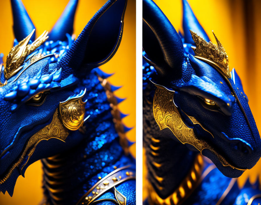 Blue Dragon Sculpture Diptych: Gold Details on Vibrant Yellow Background