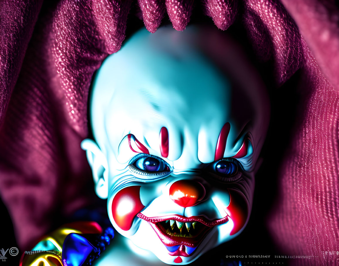 Creepy Clown Doll with Menacing Grin and Blue Eyes