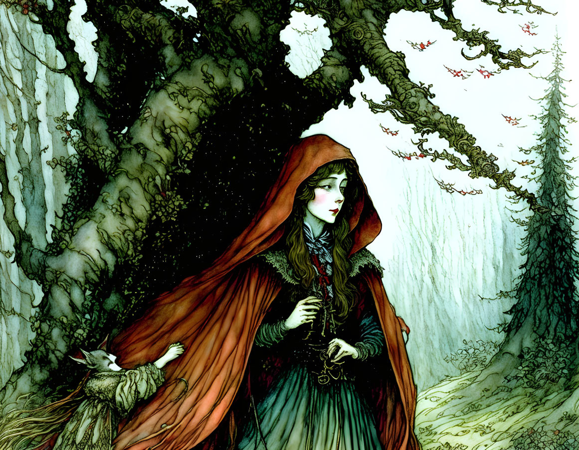 Woman in red cloak with owl in mystical forest setting