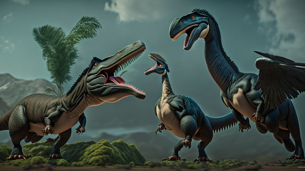 Feathered dinosaurs in prehistoric landscape with open jaws