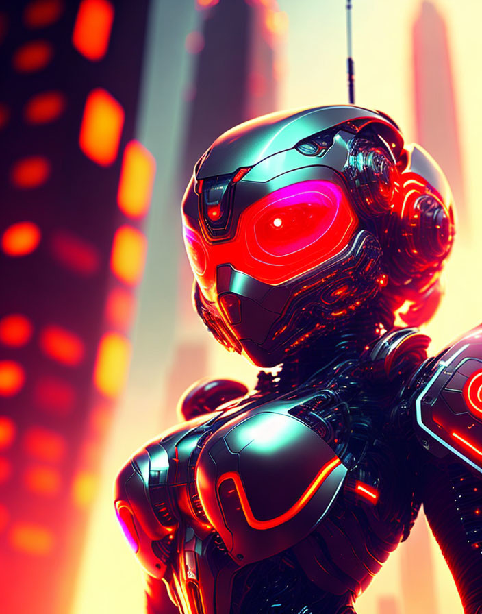 Futuristic robot with glowing red eyes and intricate black and red armor