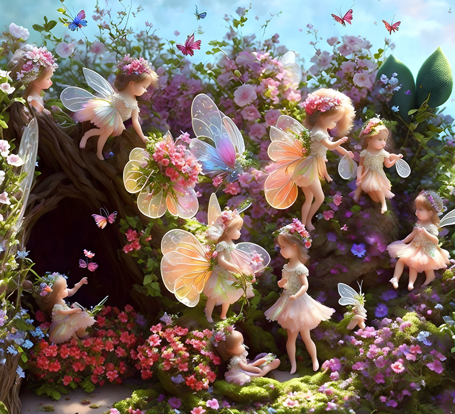 Illustrated fairies with translucent wings in colorful floral setting