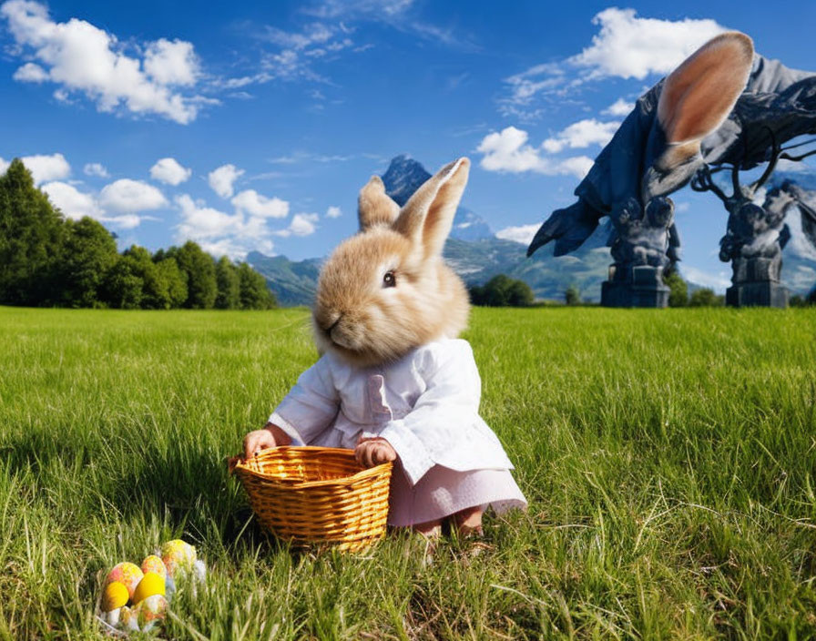 Whimsical rabbit-human hybrid with basket and painted eggs, giant bunnies in background