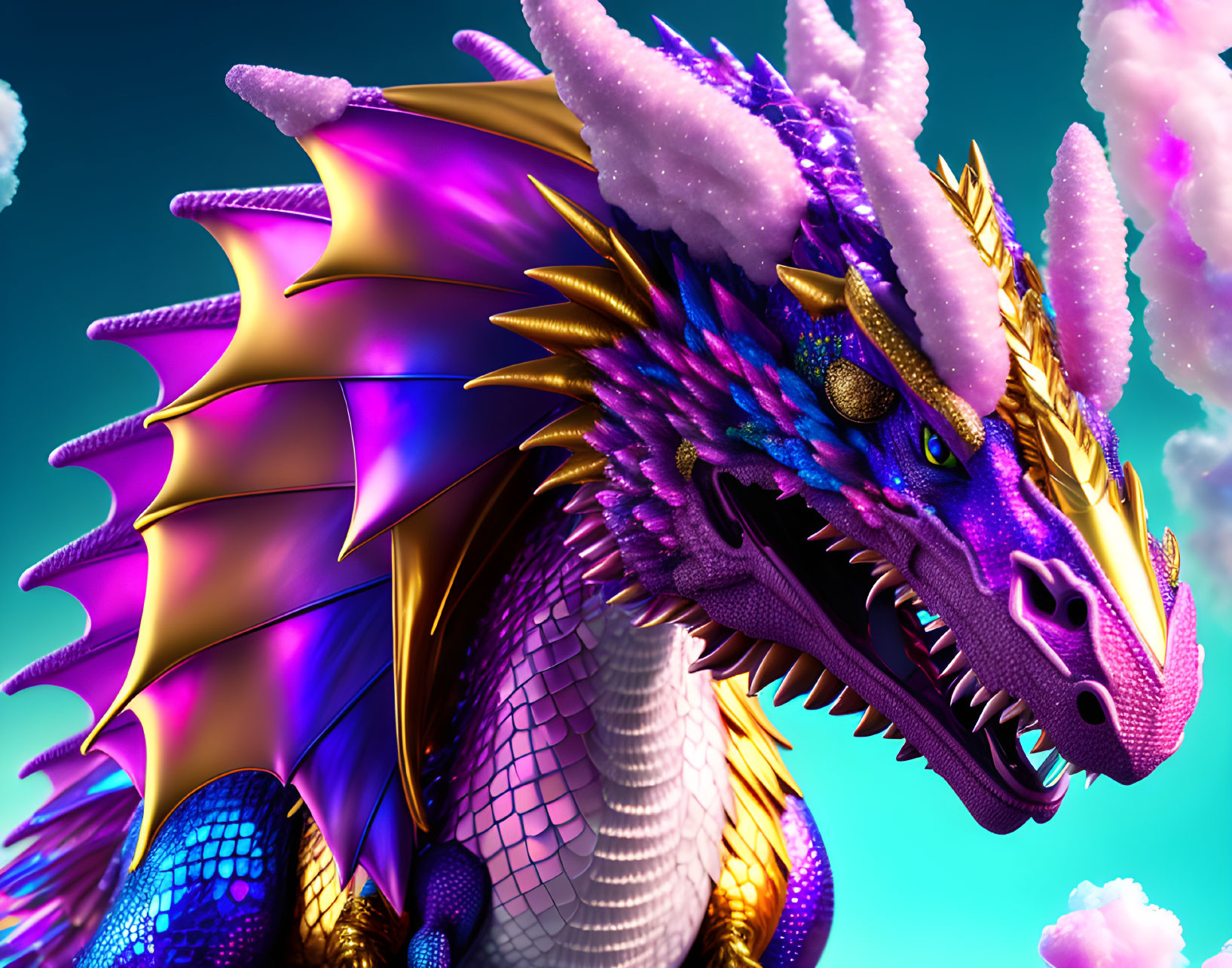 Majestic dragon illustration with purple and golden scales