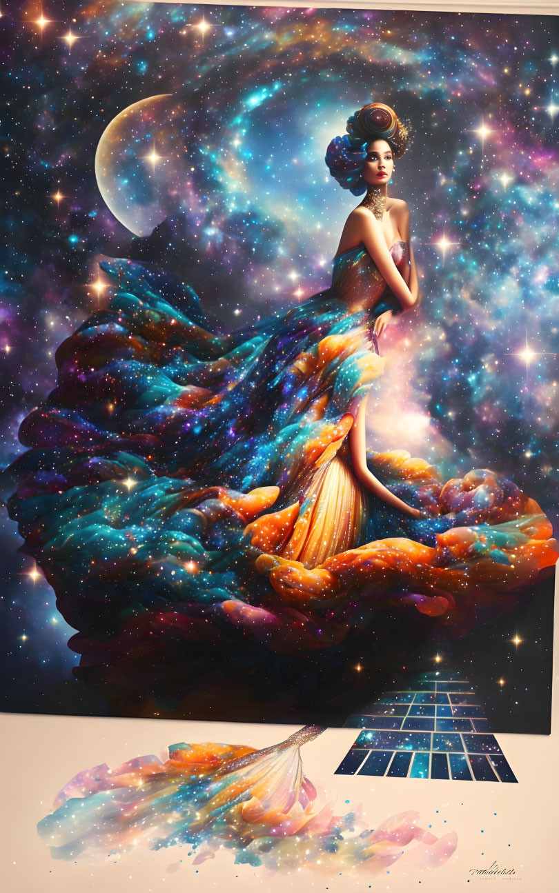 Surrealist woman in galaxy gown with moon, stars, and spacecraft panel