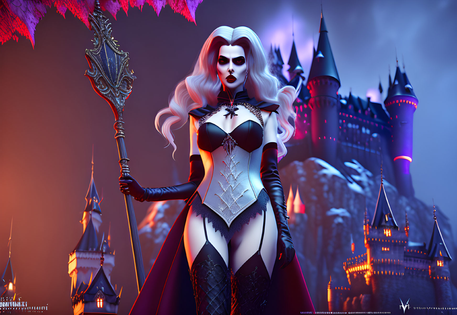 Female character with pale skin and white hair holding a staff in front of a gothic castle at dusk