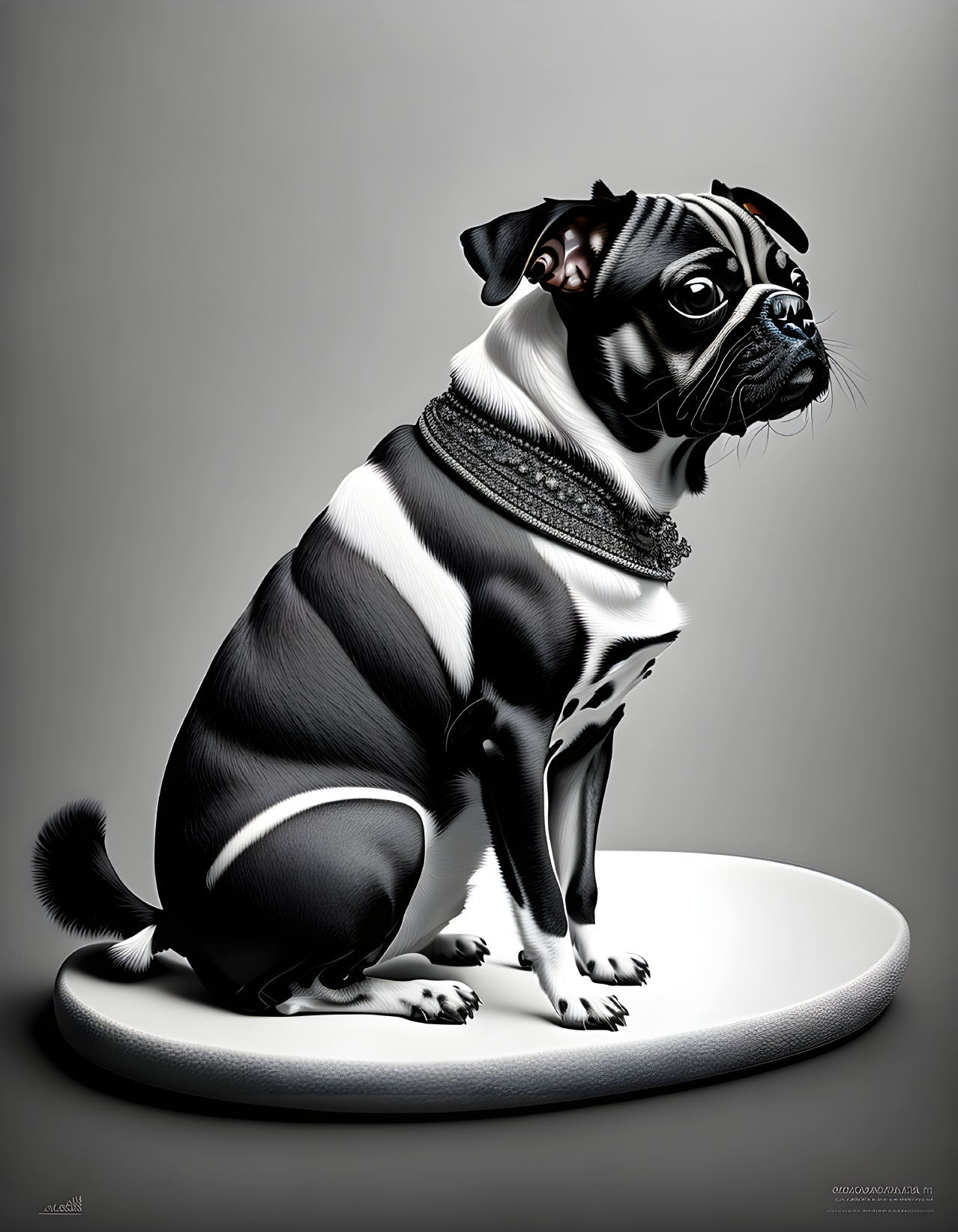 Boston Terrier with Pearl Necklace on Oval Podium in Digital Illustration