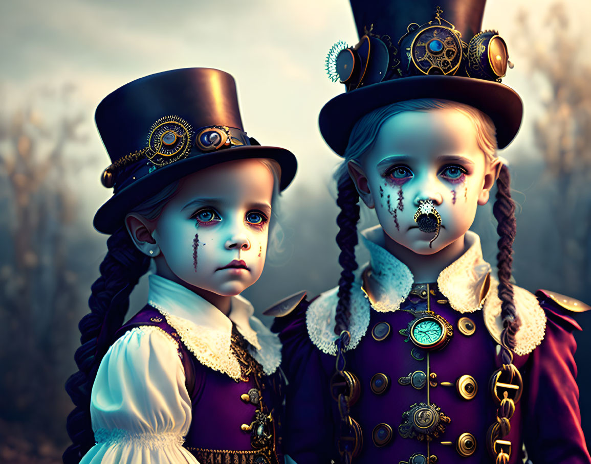 Children in steampunk attire with top hats and ornate accessories in moody vintage style