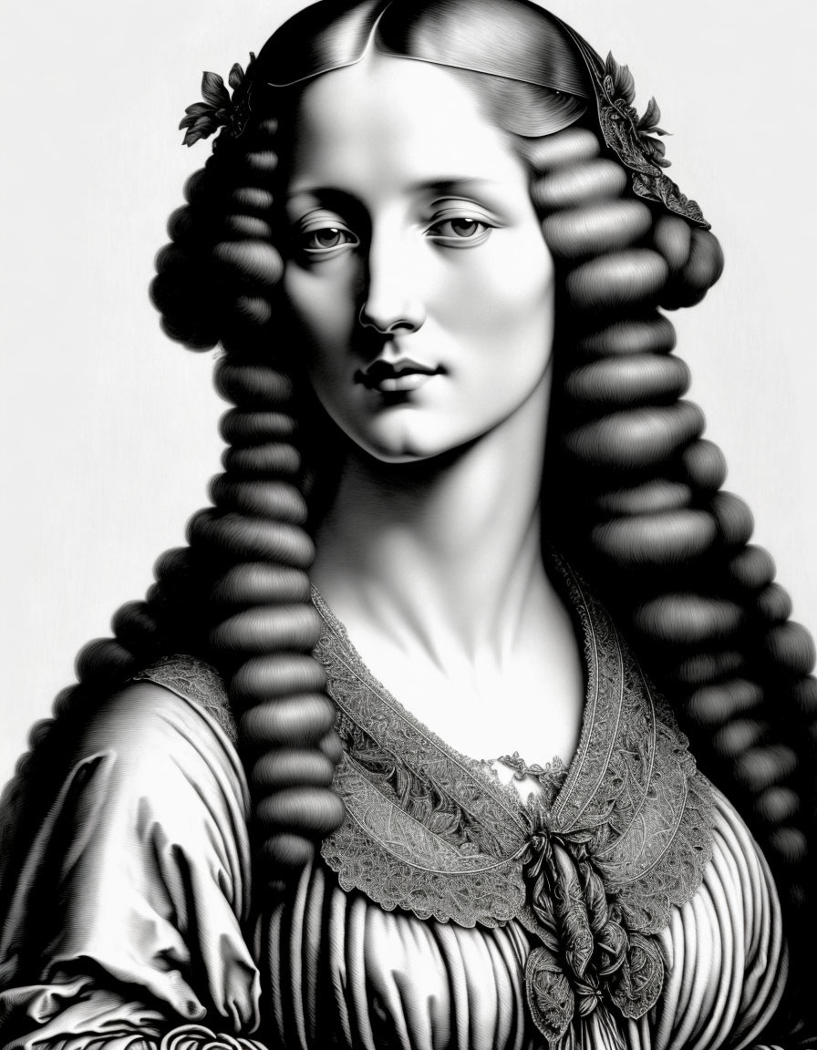 Monochrome digital artwork of serene woman with elaborate braided hair and Renaissance dress.