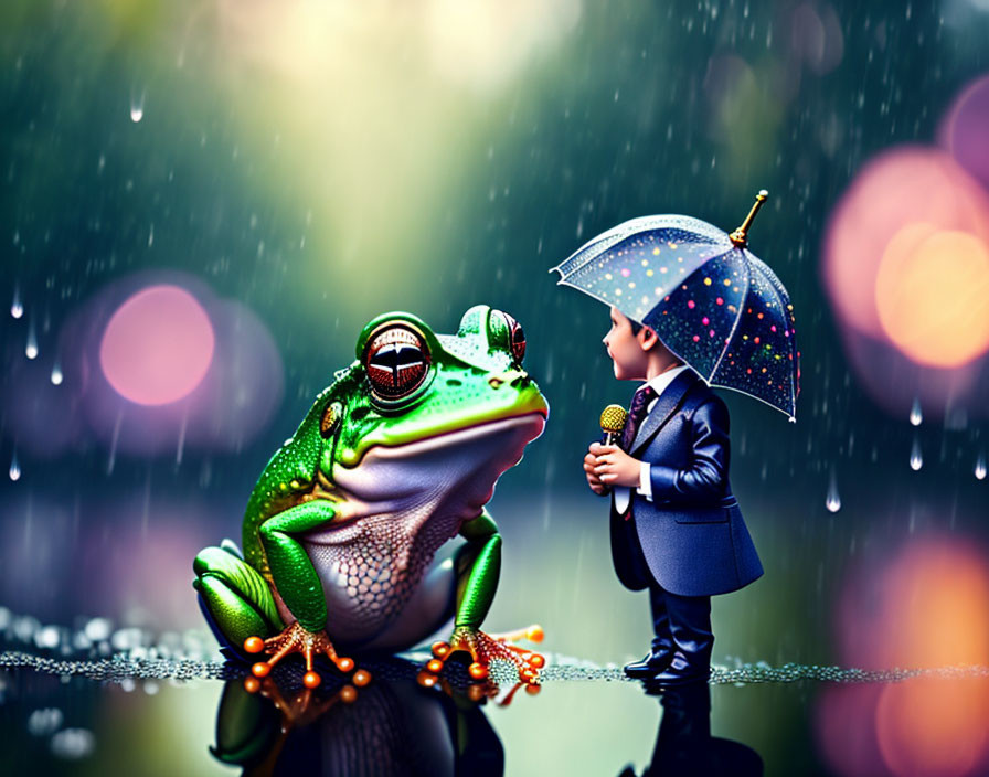 Large green frog meets tiny person with blue suit and umbrella in whimsical scene.