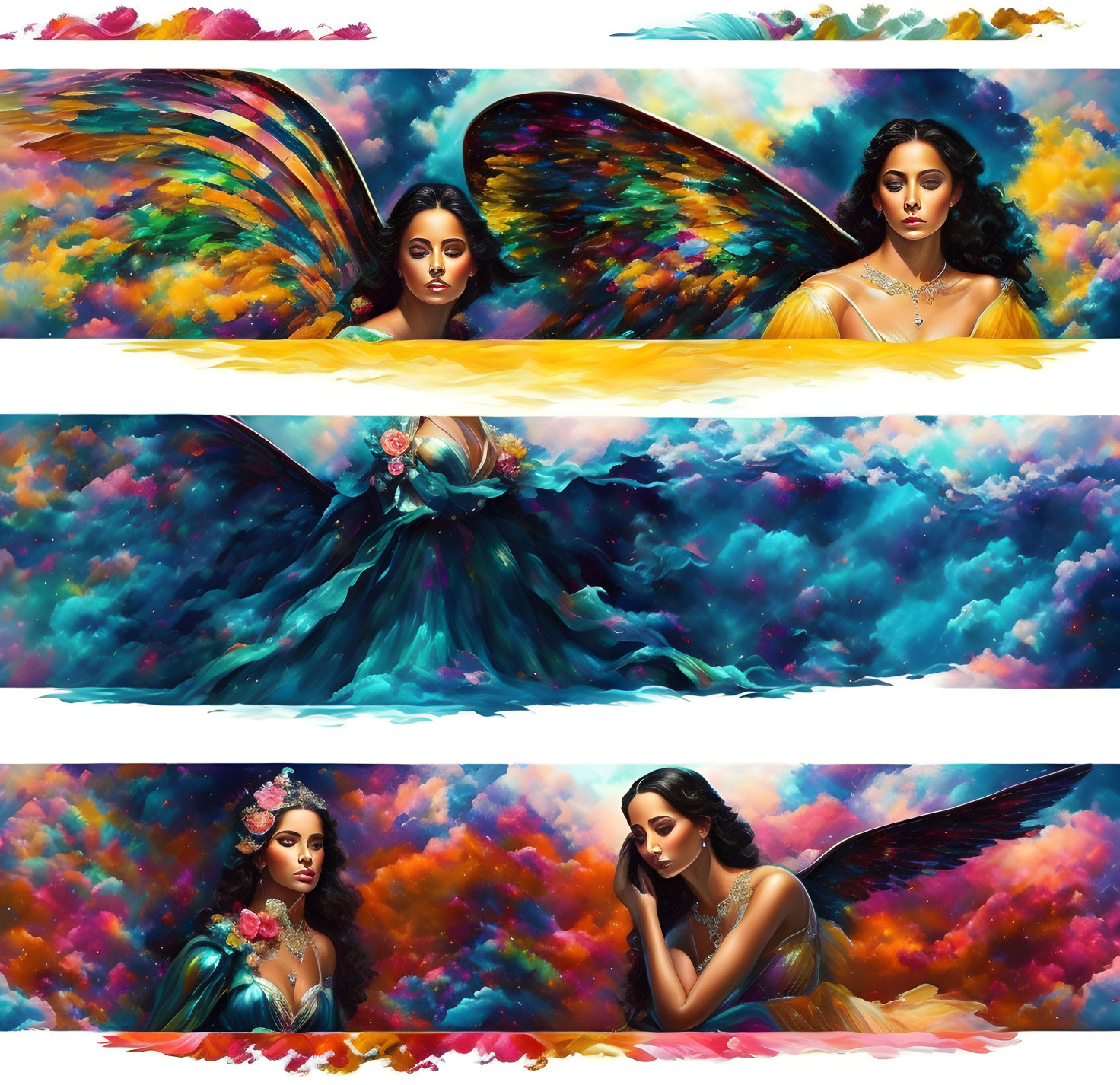 Vibrant cosmic panels of woman with butterfly wings