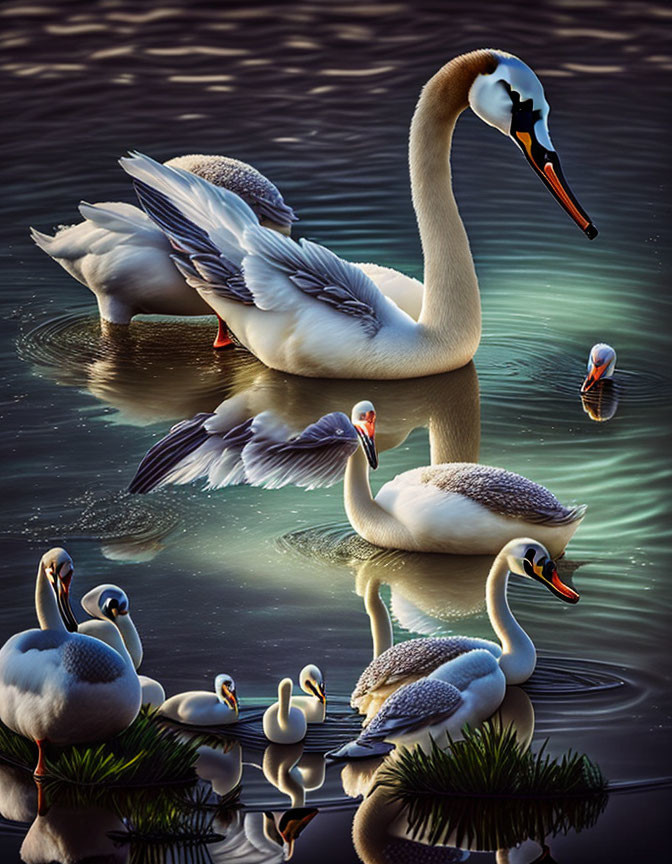 Graceful swans and cygnets on calm water with reflections