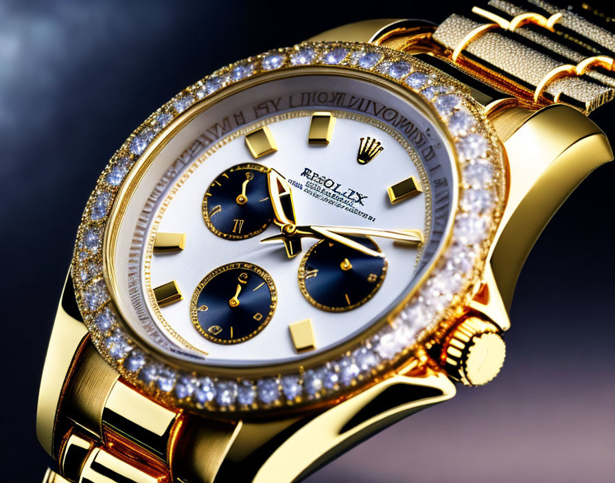 Luxurious Gold Rolex Watch with Diamond Bezel and Roman Numerals