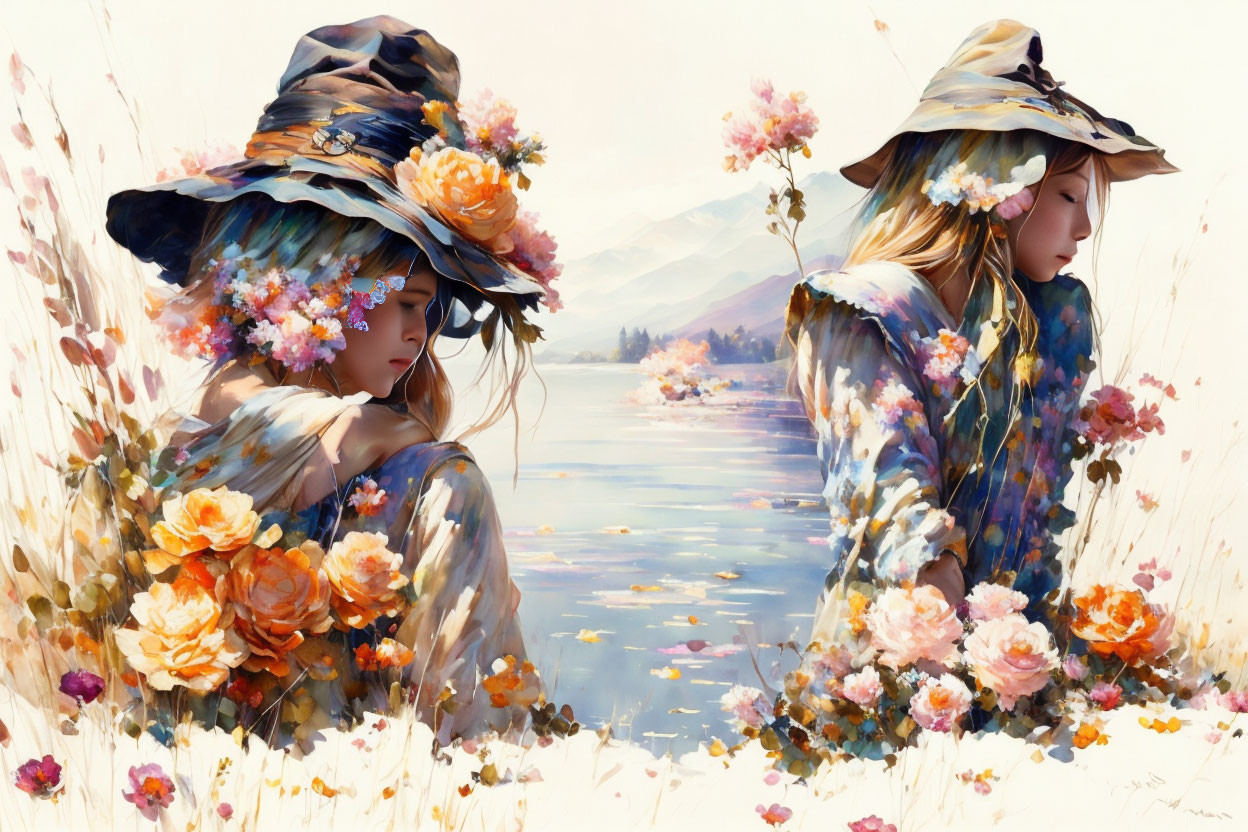 Two women in floral dresses and wide-brimmed hats by tranquil lake in pastoral landscape