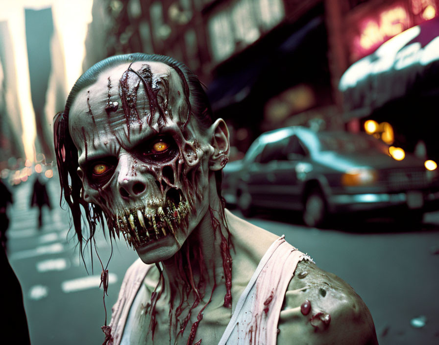 Detailed zombie makeup with decaying skin and exposed teeth on city street backdrop