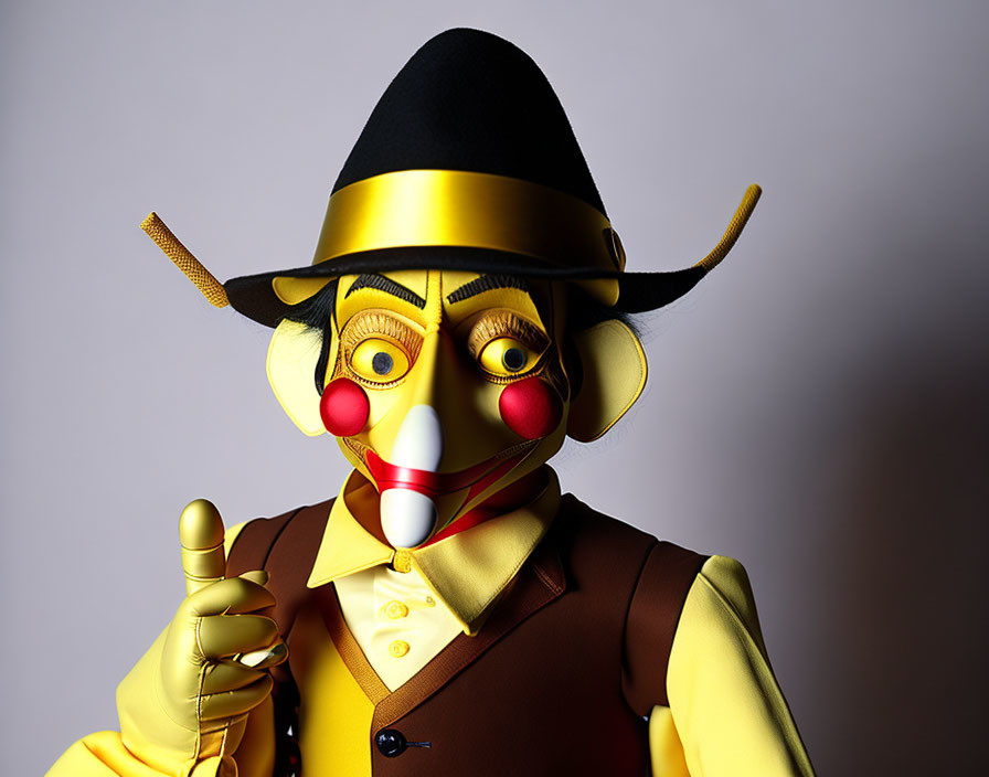 Stylized figure with golden mask, pointed ears, and hat gesturing with raised index finger