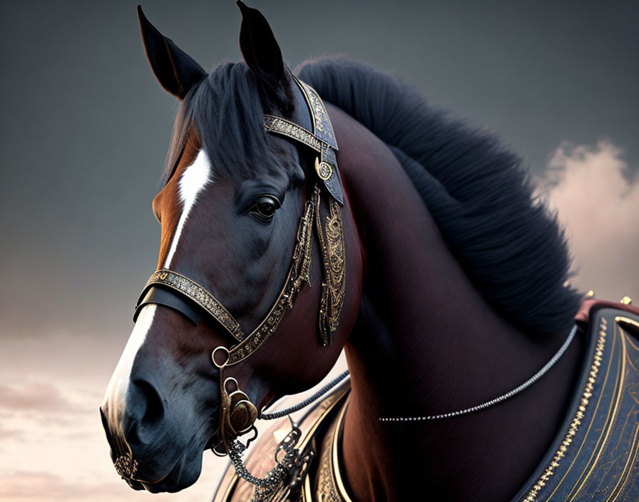 Brown horse with black mane in gold-trimmed bridle against cloudy sky