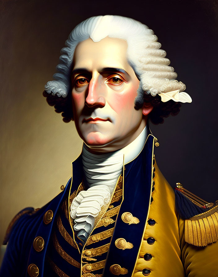 Historical military attire portrait of a man with white wig and blue coat