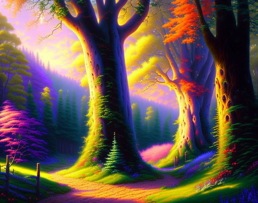 Colorful Forest Landscape with Sunlit Path