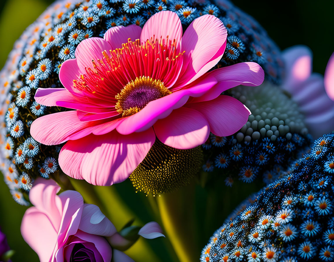 Vibrant Pink Flower with Dark Center and Surrounding White and Blue Florets on Green Background