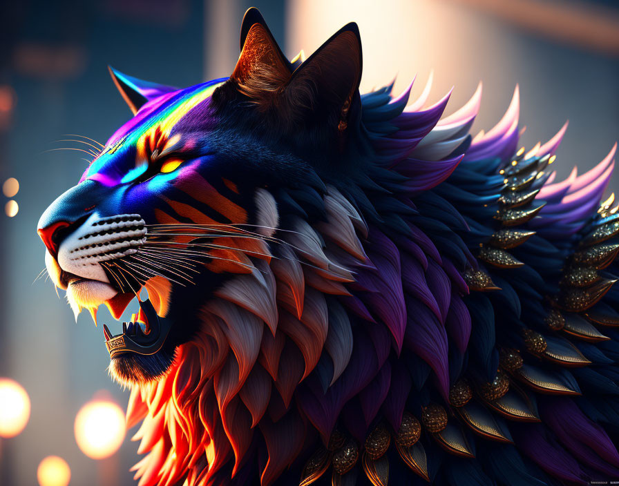 Majestic lion with vibrant multicolored mane and glowing orbs