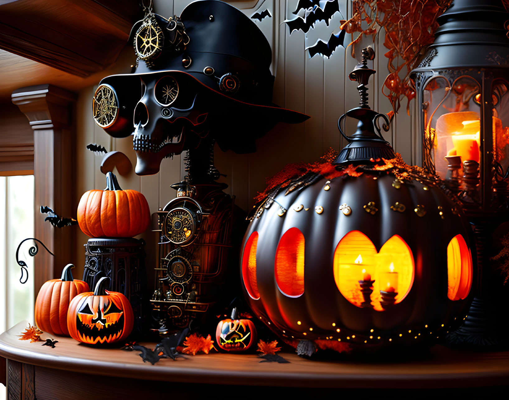 Halloween-themed scene with carved pumpkins, skull in helmet, lanterns, bats, and autumn