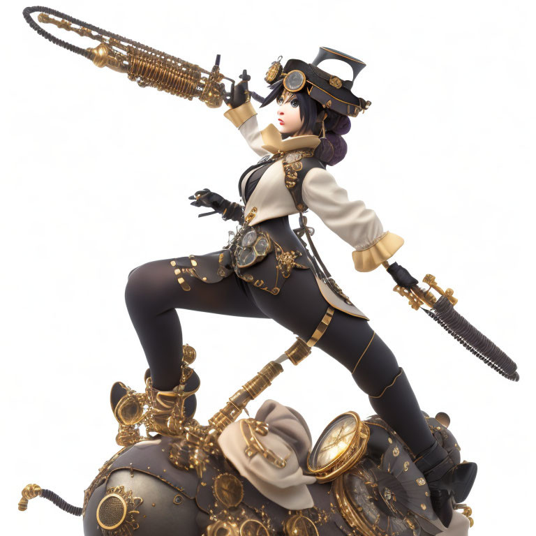 Steampunk-inspired female character figurine with hat, goggles, and gear-adorned sphere.