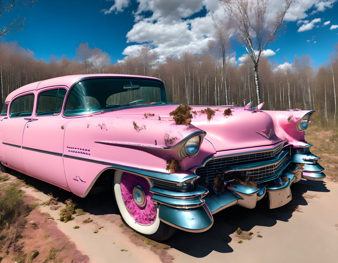 Pink Classic Car with Chrome Details Parked Outdoors in Forest Setting