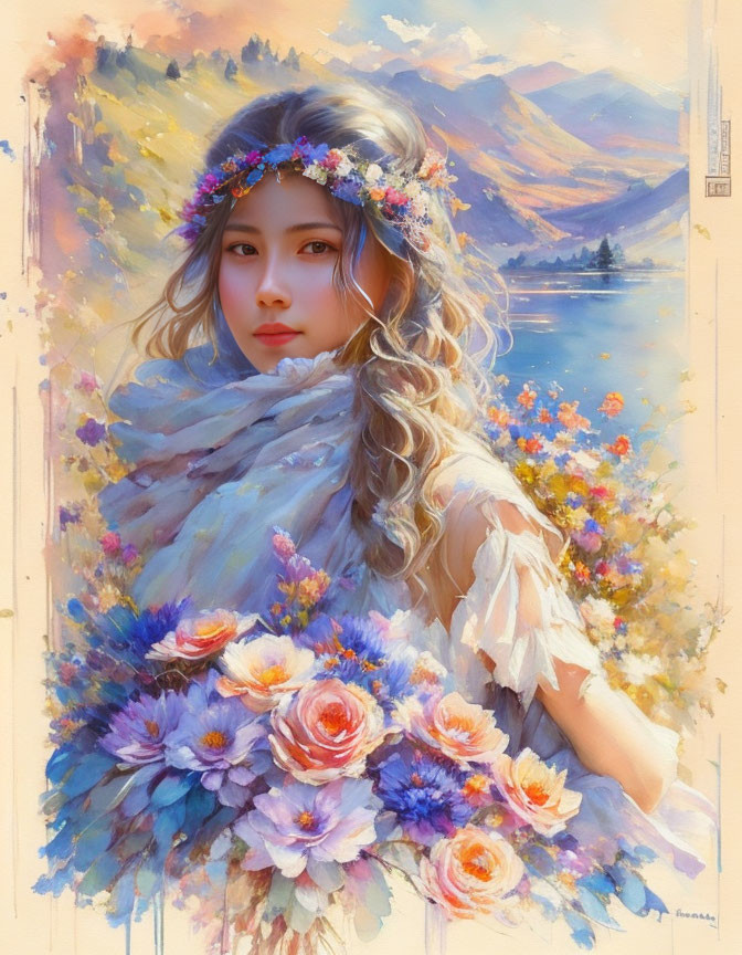 Woman with Floral Wreath and Shawl in Mountain Landscape