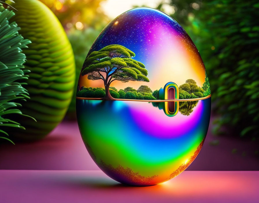 Iridescent Egg-Shaped Object with Cosmic Sky and Serene Landscape