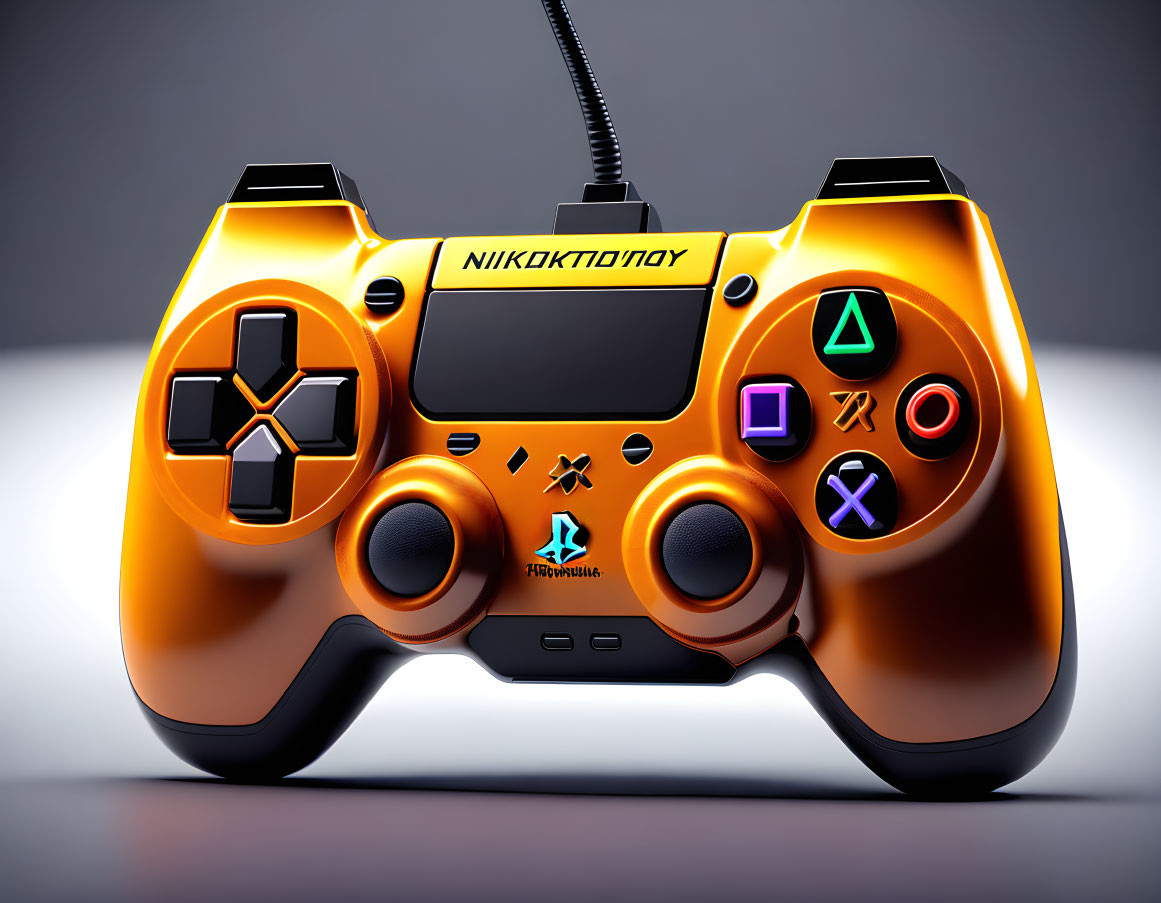 Orange Glossy PlayStation Controller on Gradient Background