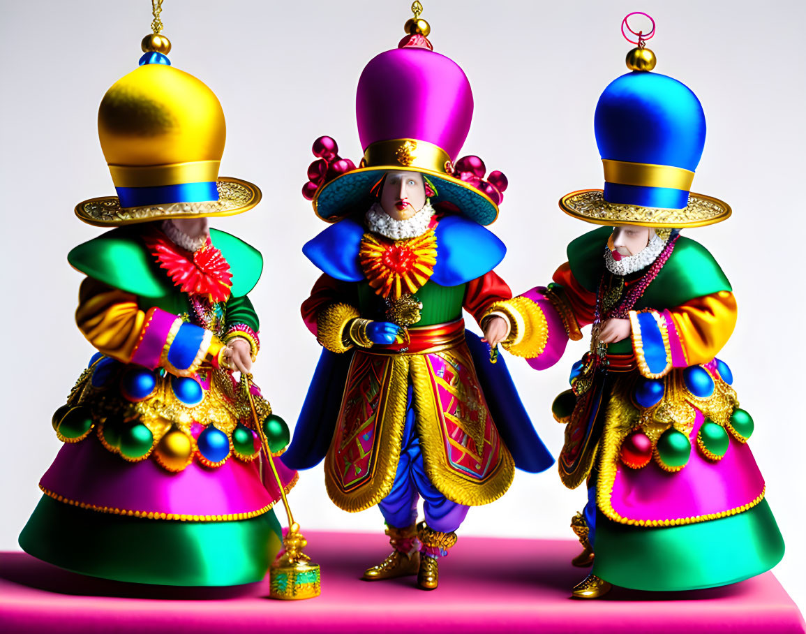 Colorful Three Wise Men Figurines in Traditional Attire on Pink Background