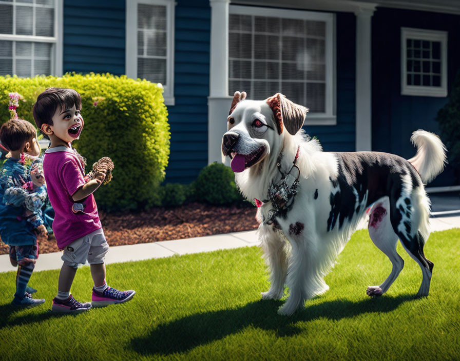 Children playing with a large dog in sunny suburban yard