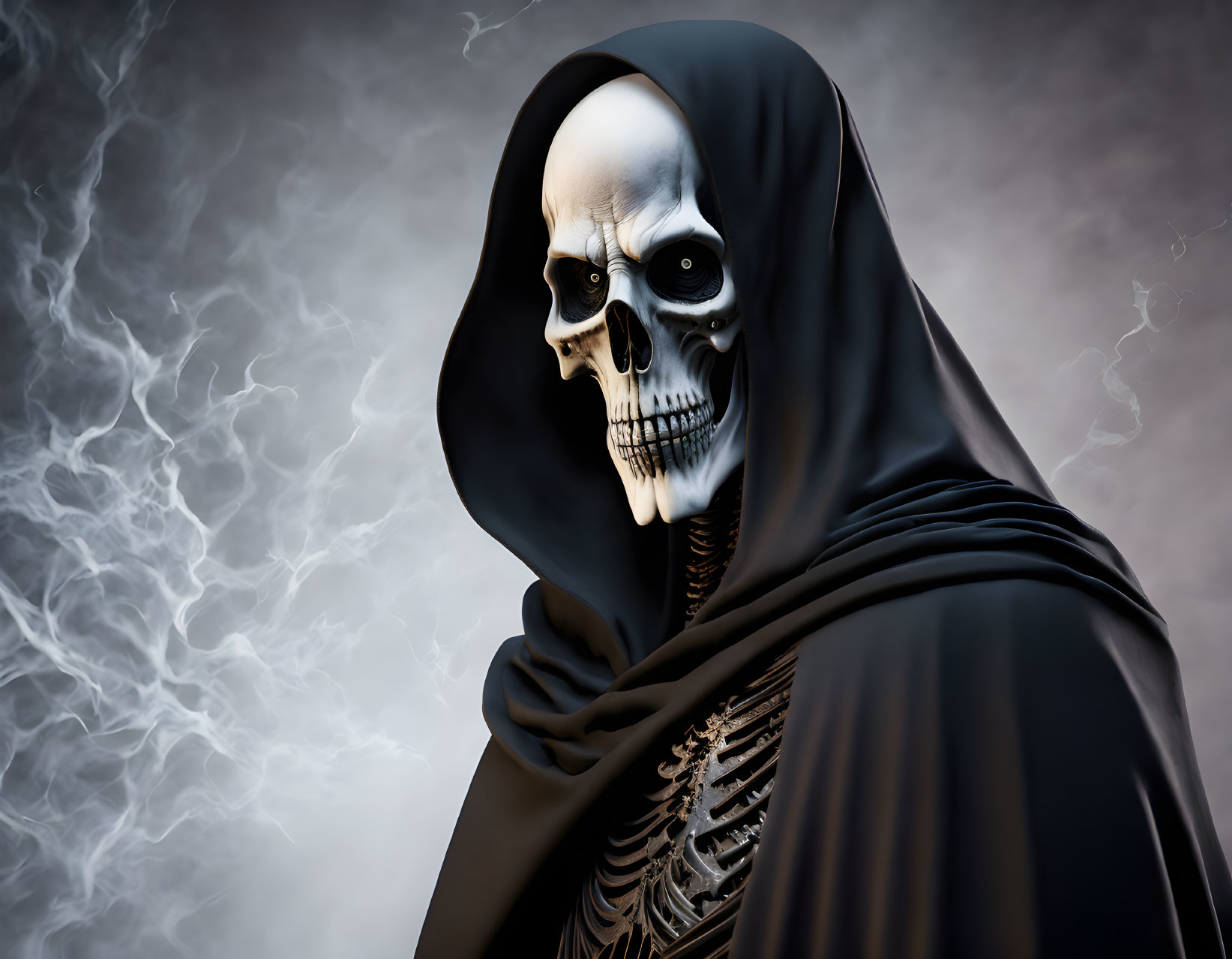 Digital artwork of grim reaper with skull face and black cloak