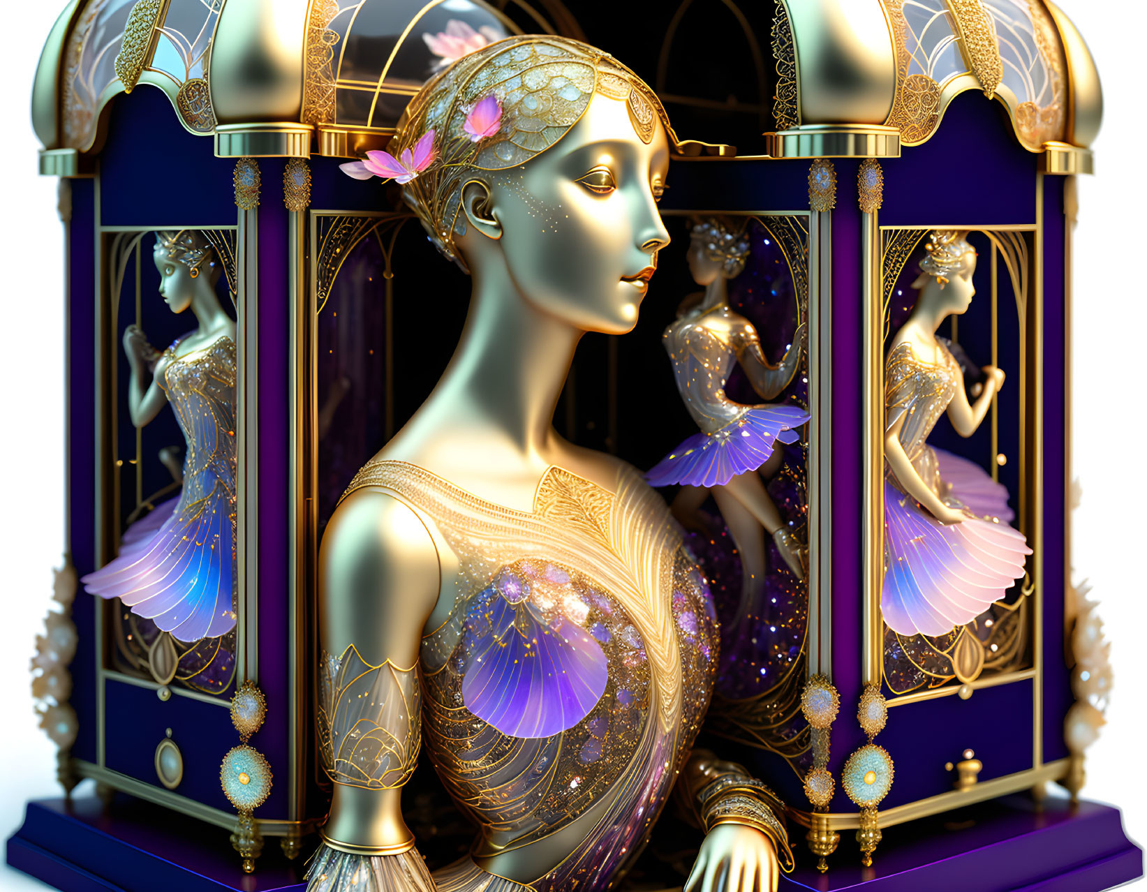 Fantasy carousel with golden winged figures on a blue background