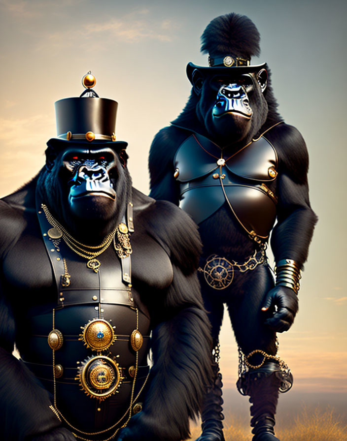 Digitally created gorillas in steampunk armor at sunset