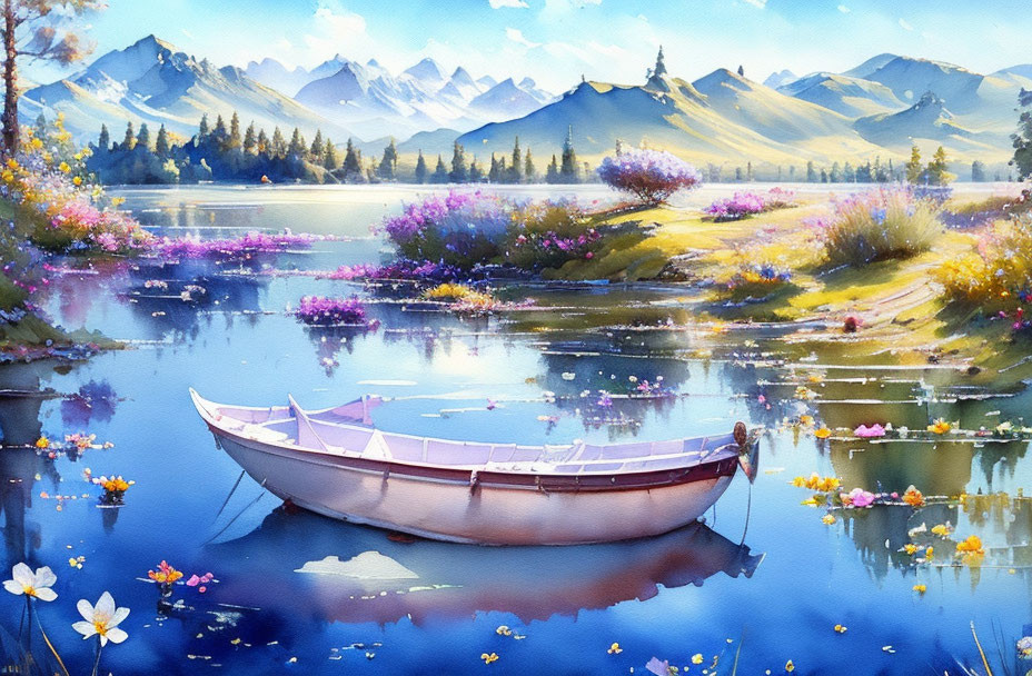 Tranquil lake landscape with boat, mountains, and blue sky