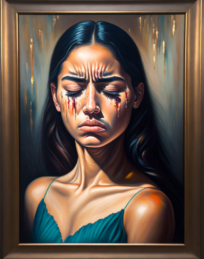 Surreal portrait of woman with closed eyes shedding red tears in framed artwork