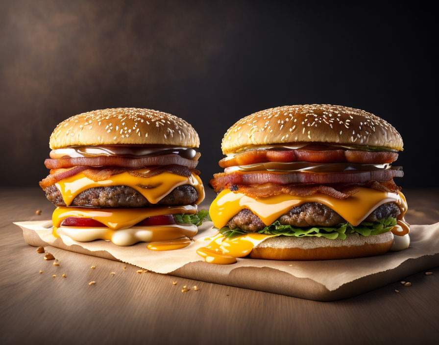 Double Bacon Cheeseburgers with Lettuce and Sauce on Sesame Seed Bun