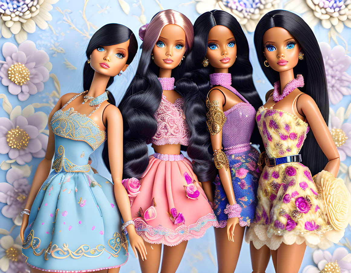 Four Barbie dolls in stylish dresses with various skin tones on floral background