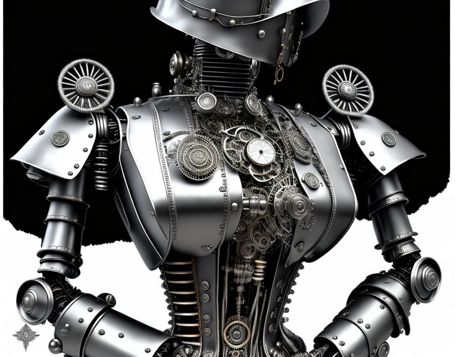 Steampunk-themed humanoid robot with intricate gears and metallic armor