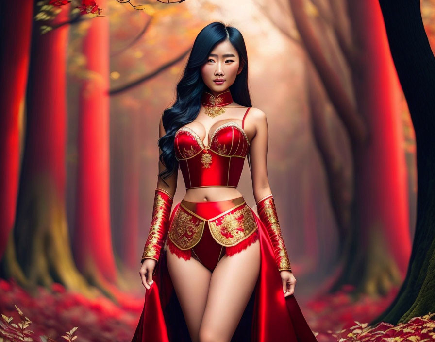 Woman in Red and Gold Fantasy Outfit in Autumnal Forest