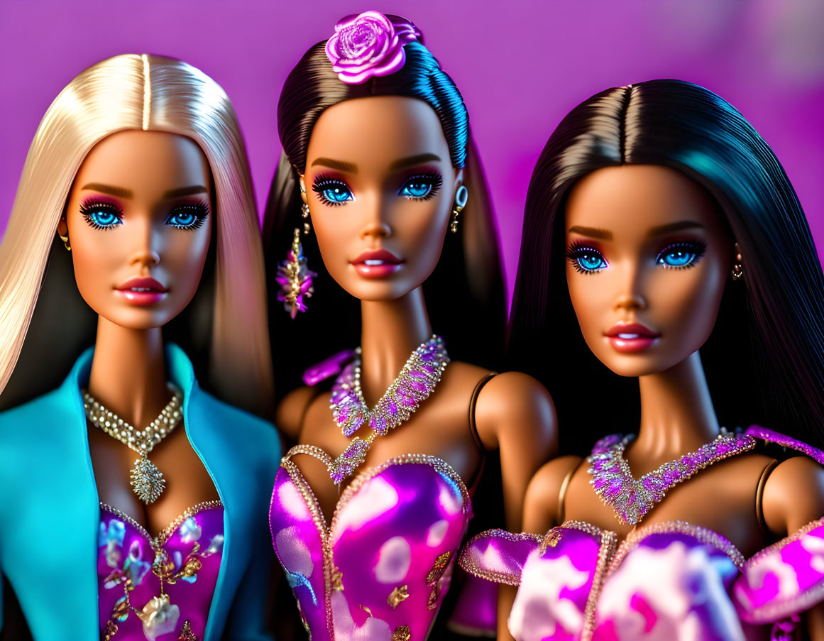 Three Barbie dolls showcasing detailed makeup and elegant dresses on a pink backdrop