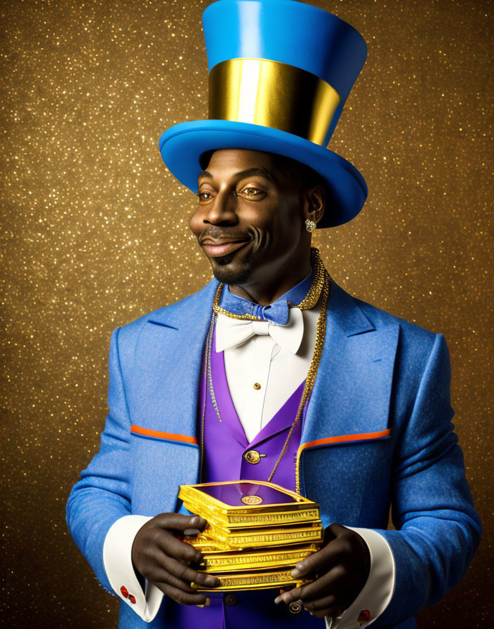 Confident person in blue top hat and jacket holding gold books